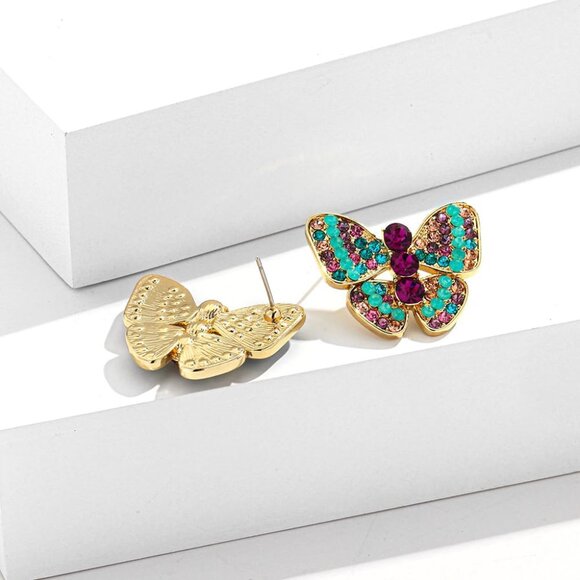 Women's Colorful Rhinestones Gold Plated Beauty Butterfly Statement Earrings - Picture 7 of 7